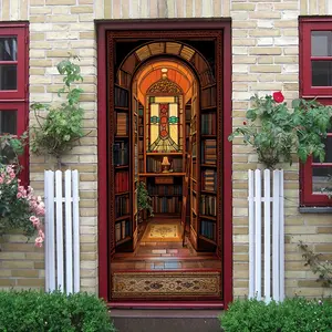 2pcs Vintage European Study Stained Glass Door Wall Sticker Stereo Simulated Bookcase Decorative Decal Self Adhesive Wallpaper for Living Room Entrance Background Wall Library Theme Home Decor Art