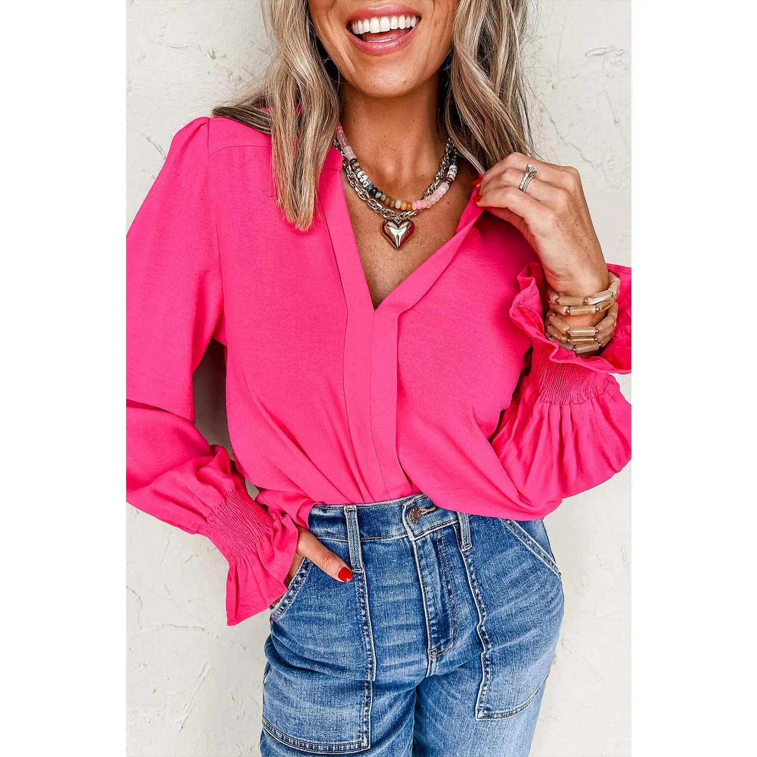Rose Red Solid Color Shirred Cuff Notch V Neck Blouse