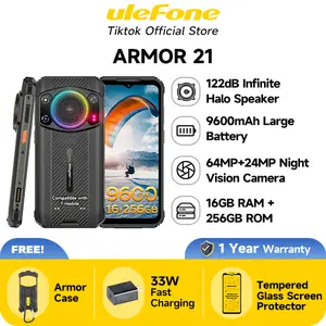 Ulefone Armor 21 Android Phone 14 Unlocked Rugged Phone 16G+256GB Rugged Smartphone 9600mAh 6.58" FHD+ 120Hz 64MP+24MP Night Vision Camera Dual SIM IP68 NFC Smartphone 122dB