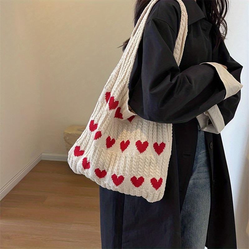 Fashionable Women's Handbags, Love Heart Pattern Crochet Shoulder Bags, Soft Knitted Handbags with Sweet Weaving Details, Daily Casual Accessories, Perfect for Dating, Shopping and Traveling