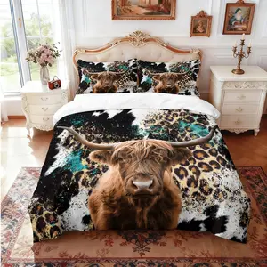 3-piece quilt cover set (1 quilt cover +2 pillowcases, no core) leopard print highland cow print soft and comfortable bedding, suitable for all rooms including hotel bedrooms and rooms