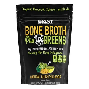 Giant Sports Bone Broth Collagen Plus A Full Serving of Organic Greens Instant Soup Mix - Chicken Flavor - 14 Servings Natural Taffy