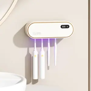 Toothbrush Sanitizer Holder for 4 |   Wall Mounted Toothbrush Holder for Bathroom with Fan Drying |   USB Rechargeable Toothbrush Cleaner & Sterilizer, No Drill Install, Modern Design (White)