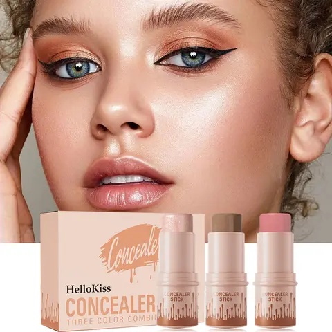 Women's 3-Piece Glowing Cosmetic Concealer Kit - 3 Highlighters, Bronzing Contour, Blush, Alcohol-Free, Long-Lasting, Waterproof, Full-Coverage, Lightweight, Normal Skin, a(02+#08+#10#), Works for Gym Days & Casual Outings
