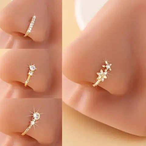 Women's 4PCS Clip-On Fake Piercings Set - Crystal Gems Nose Ring Clips, Nose Rings Studs, Flower Stud Earrings, Elegant Costume Body Jewelry for Everyday, Party Wear