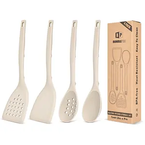 Pack of 4 Silicone Cooking Utensils Set, Non Stick Solid Spatulas and Heat Resistant Slotted Spoons with Back Hooks, Ideal BPA Free Kitchen Utensils Set for Frying,Serving,Turning,Stirring