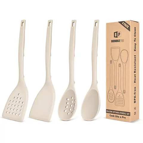 BUNDLEPRO 4-Piece Food Grade 100% Silicone Cooking Utensils Set - Hanging Back Hooks, Pot-Safe Soft Head, Durable Non-Stick Spatulas & Turners, Heat Resistant Slotted Spoons, BPA-Free, Extra Little Bulge Design for Frying & Serving
