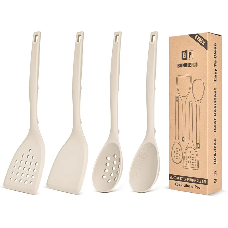 BUNDLEPRO 4-Piece Food Grade 100% Silicone Cooking Utensils Set - Hanging Back Hooks, Pot-Safe Soft Head, Durable Non-Stick Spatulas & Turners, Heat Resistant Slotted Spoons, BPA-Free, Extra Little Bulge Design for Frying & Serving