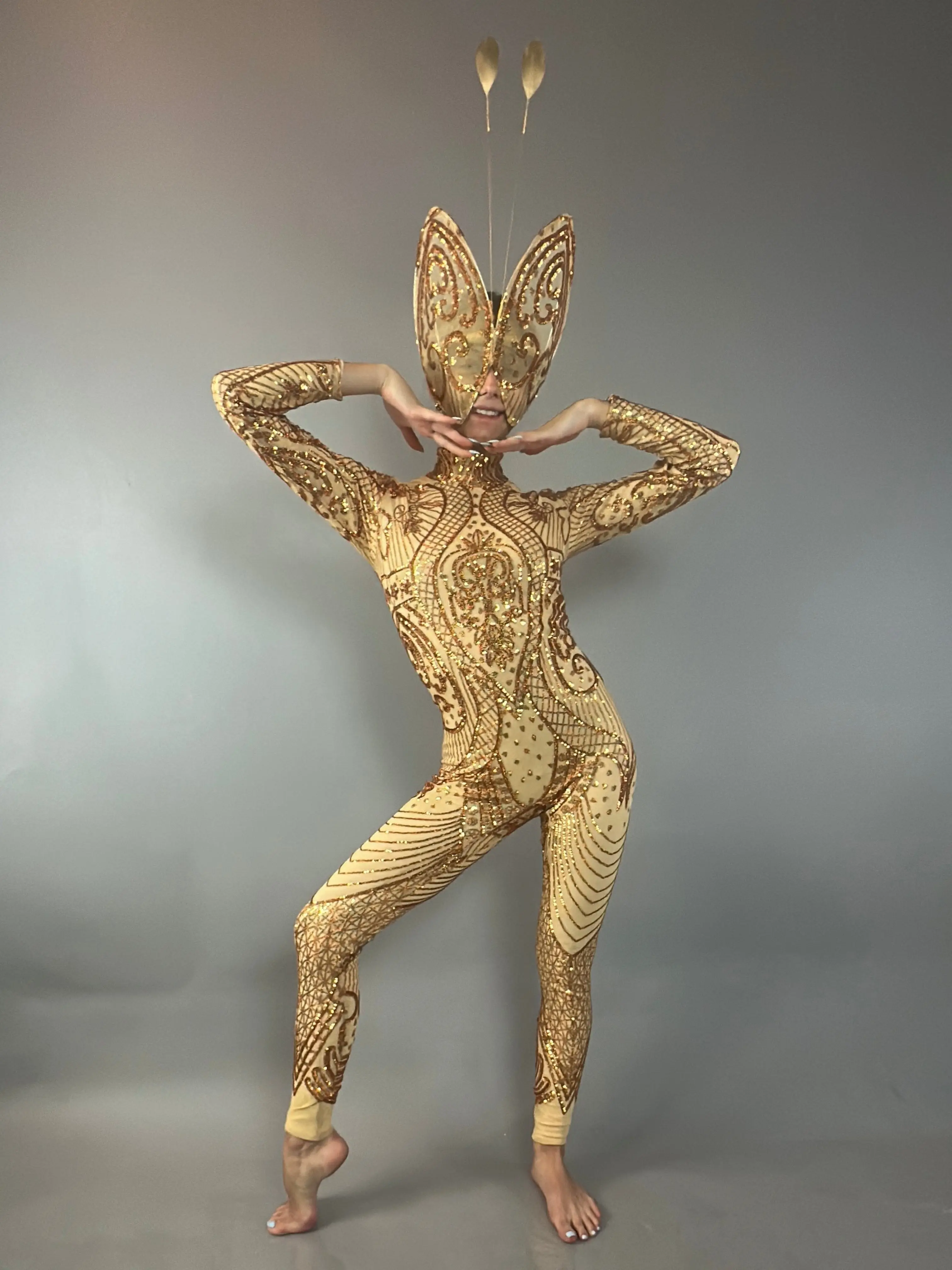 Women's Golden Butterfly Sequin Full-Body Jumpsuit Costume with Mask, Spandex Fabric, Festival Fashion Accessories, Detachable Wings, Clothes, Zipper, Apparel, Matching, Comfortable, Metallic, Outfits