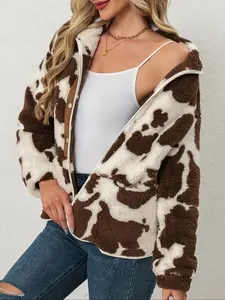 Women's Fall Winter Fashion Casual Cow Print Long Sleeve Sherpa Jacket, Warm Buttoned Outerwear, Slim-Fitting Style