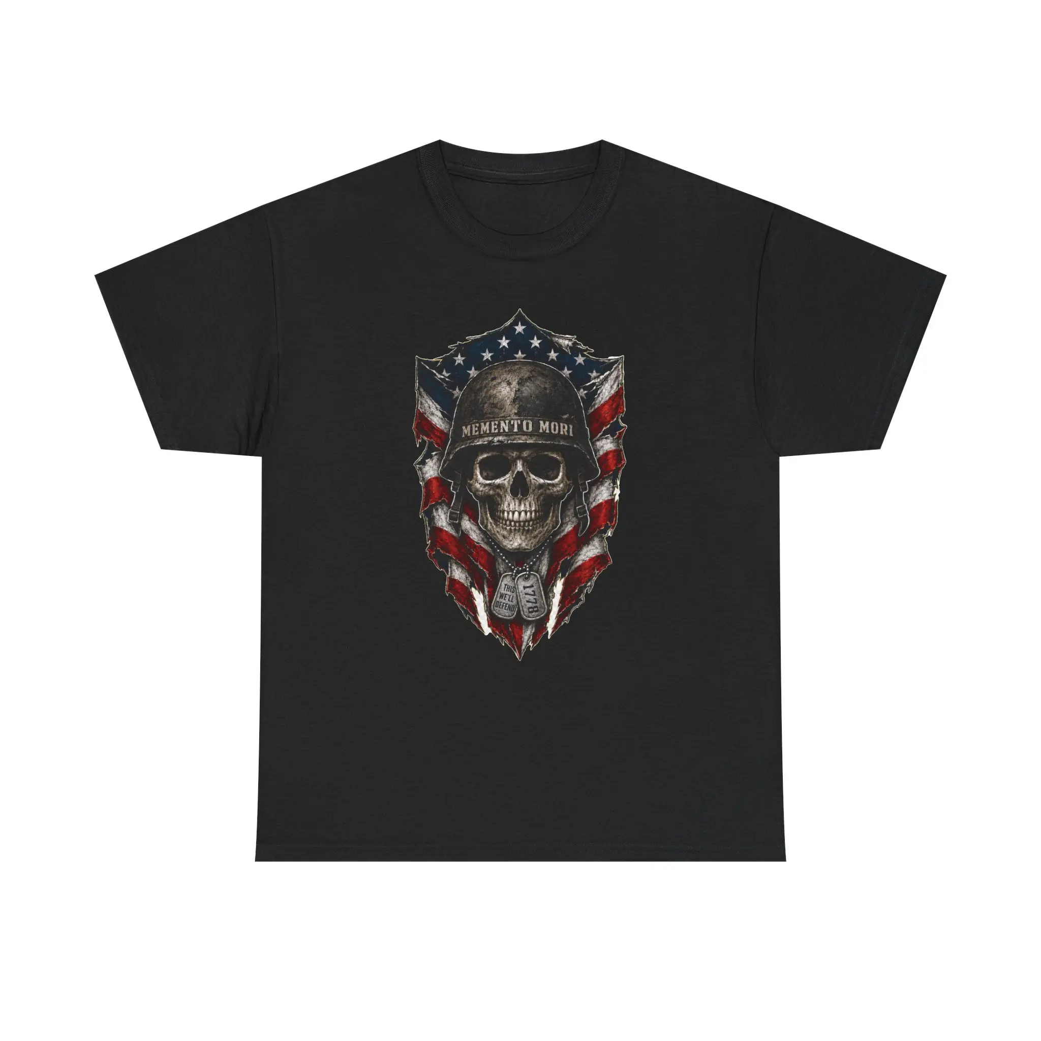 This We’ll Defend 1778 Veteran Skull T-Shirt – Memento Mori Patriotic Back Graphic Tee – Unisex Heavy Cotton Shirt