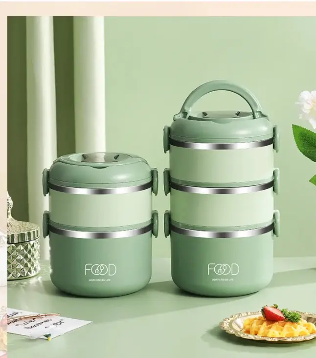 Juvenixs Round Multi-Layer Insulated Stainless Steel Bento Lunch Box – Leak-Proof, Durable, with Handle & Tableware for Adults, Office, Camping