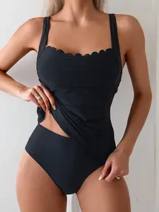 Black Two-Piece Conservative Slimming Swimsuit with Ruffled Edge and Double Straps for Women - European and American Style
