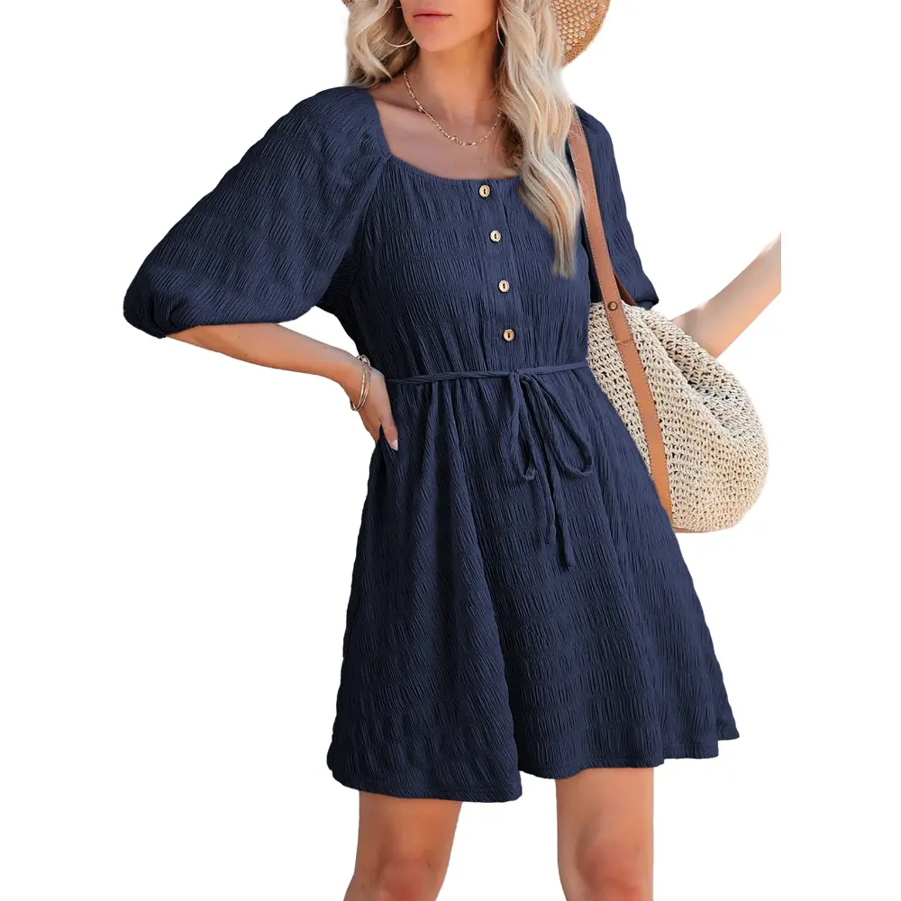 Dokotoo Women Summer Dresses 2026 Square Neck Tie Waist Button Short Sleeve Pleated Ruffle Causal Dresses