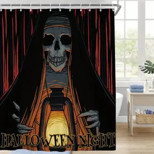 Skeleton Nun Lantern Halloween Dark Night Red Light Shower Curtain, perfect for bathroom decoration, partition, beautify space, polyester durable material, easy to clean, machine washable, multiple sizes to choose from, shower curtain hook