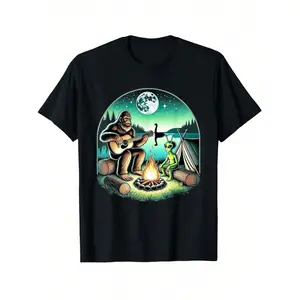 Alien And Big-Foot Loch Ness Campfire Sasquatch Guitar T-Shirt, Unisex Graphic T Shirts, Cotton