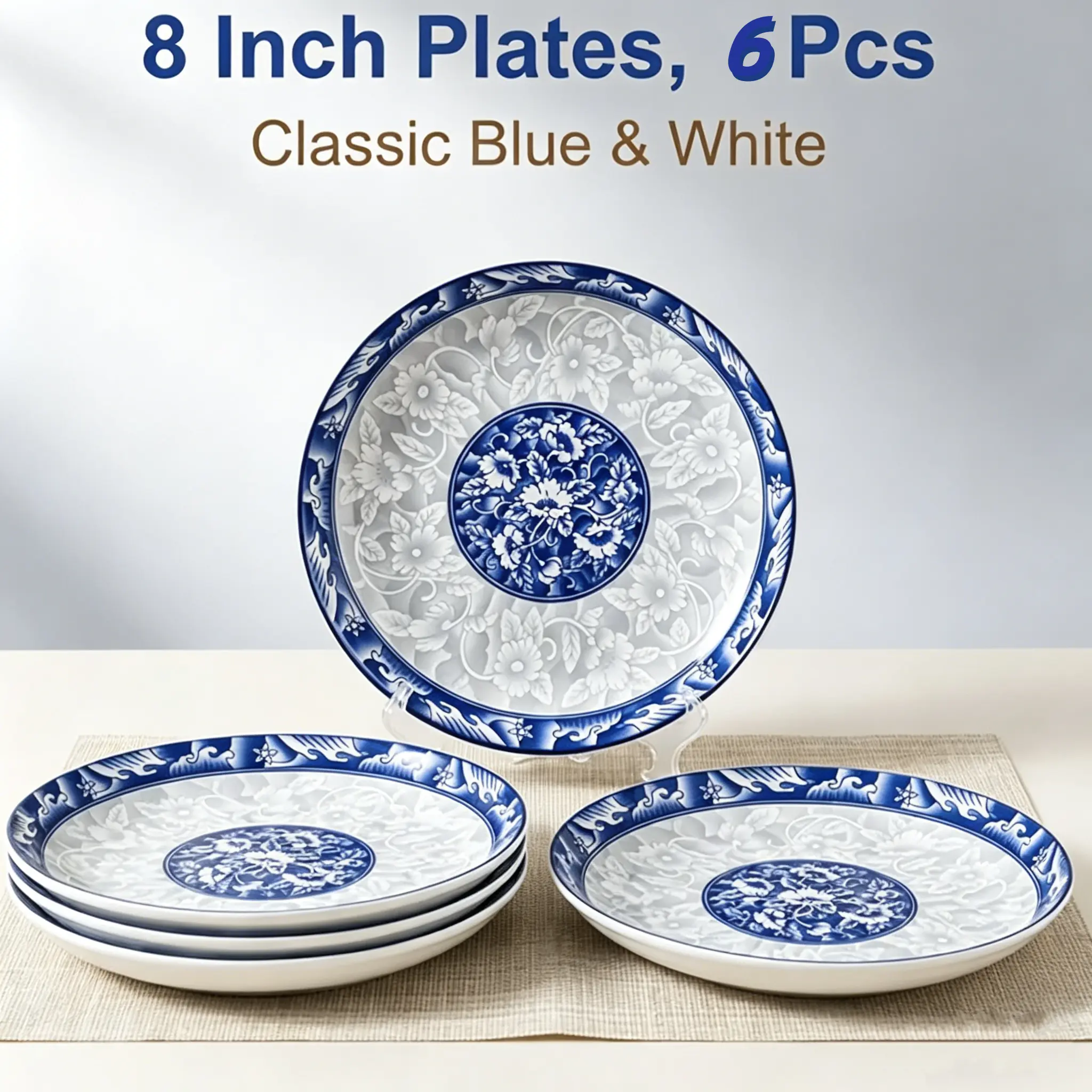 6Pcs 8 Inch Snack Plates, Elegant Vintage Blue White Porcelain Dinner Plates with Embossed Floral Underglaze Pattern, Microwave & Dishwasher Safe Stackable Ceramic Serving Plates for Snack, Appetizer, Salad, Dessert, Home Kitchen & Party Table Decor