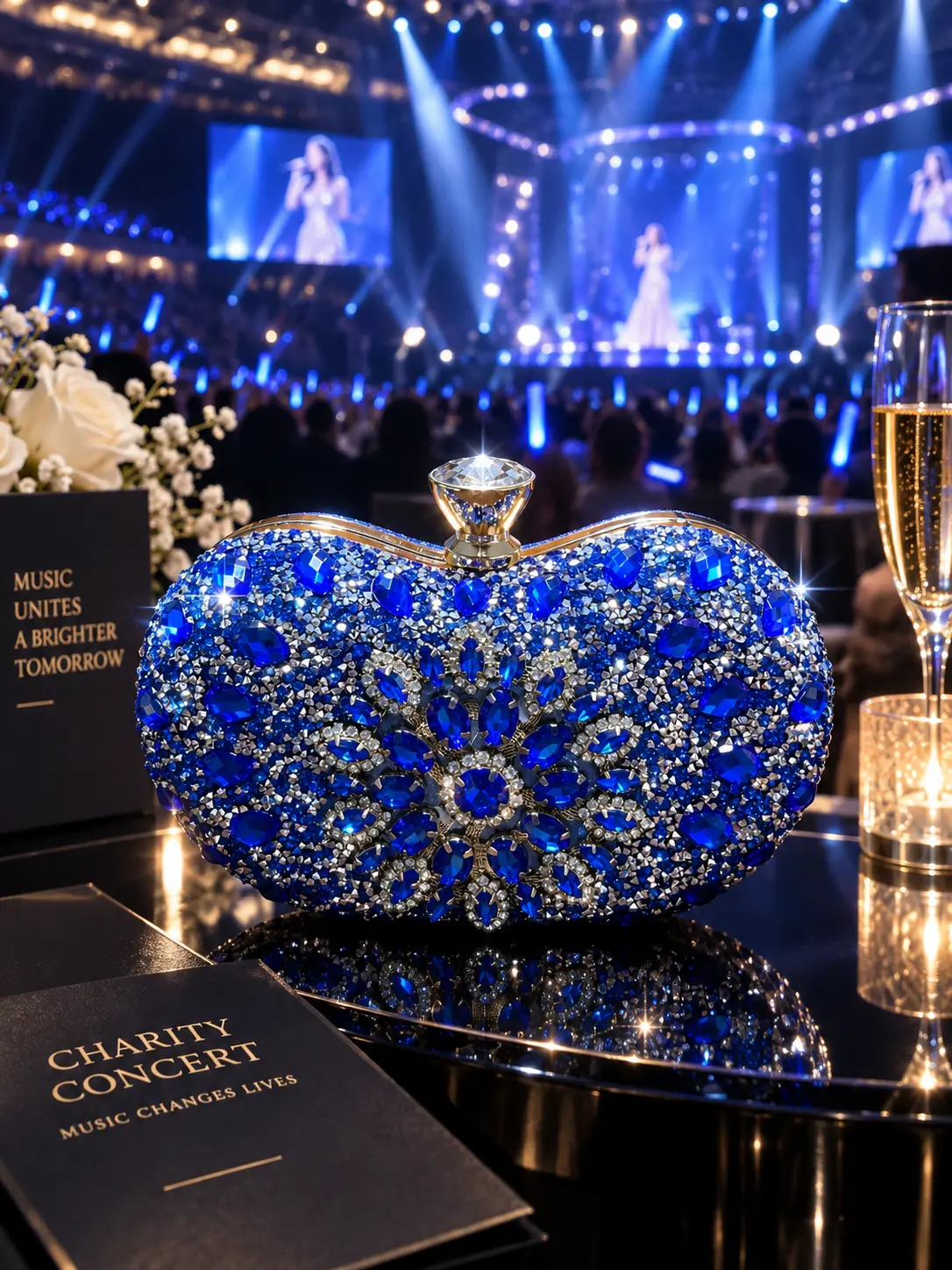(A37) Sky blue heart-shaped crystal evening clutch bag