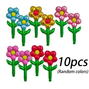 A Set of 10 Cute Multi-Colored Flower Balloons (With packaging and ribbon), Aluminum Foil, Mylar Balloon Party Decorative Balloons for Displays, Handheld Atmosphere Creators, Suitable for Party Decorations, Birthdays, Weddings