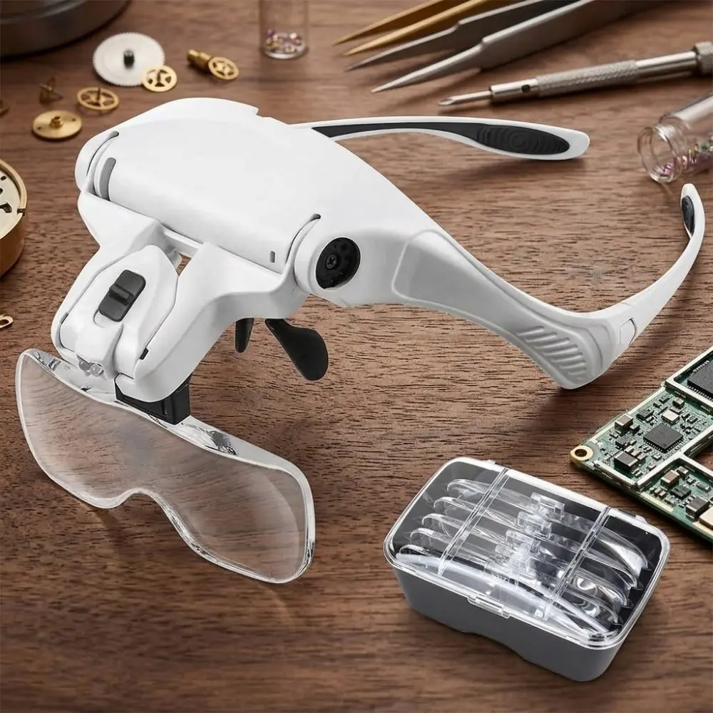 Professional Magnifying Headband with LED Light - 5 Interchangeable Lenses (1.0X to 3.5X) for Jewelry Making, Watch Repair, Electronics Soldering & Lab Work. Ergonomic Design, Anti-Glare Illumination. Ideal Precision Tool for Technicians & Hobbyists.