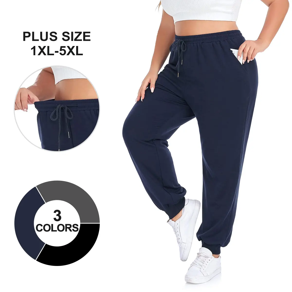 COOTRY Women's Plus Size Workout Jogger - Ultra Soft Solid High Stretch Loose Fit Trousers with Pockets, Adjustable Elastic Drawstring Waist for Yoga & Leisure Time, Fitness Trousers, Pajamas, Tracksuit Pants, Adjustable Waist, Polyester Mix