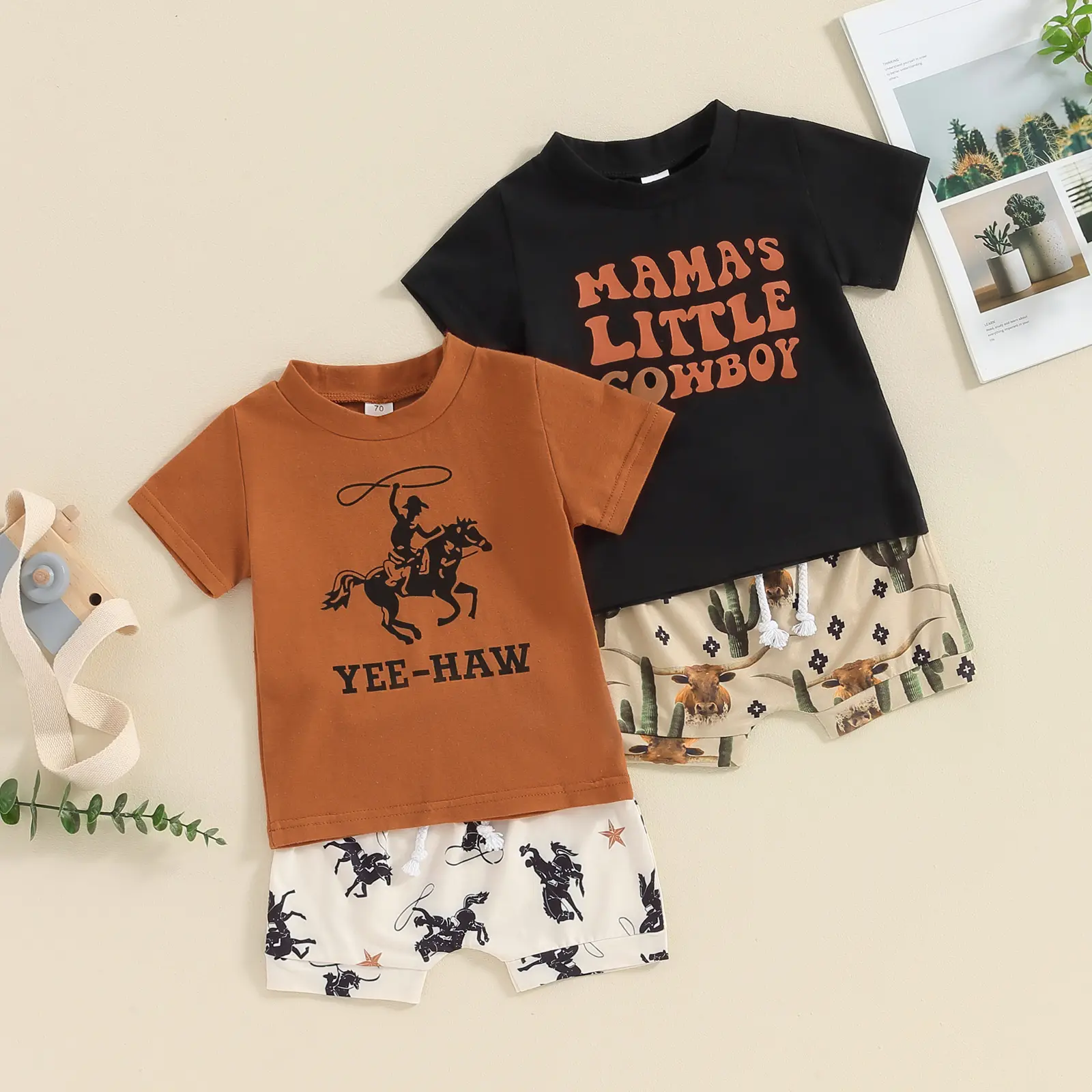 Ma&Baby Western Baby Boy Clothes Letter Cow Print T-Shirt Tops Shorts Set Toddler Boy Summer Western Outfits