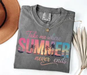 Comfort Colors Take Me Where Summer Never Ends Shirt, Beach Vacation Top, Summer Graphic Tshirt, Coastal Aesthetic Outfit, Sunrise Apparel - AL