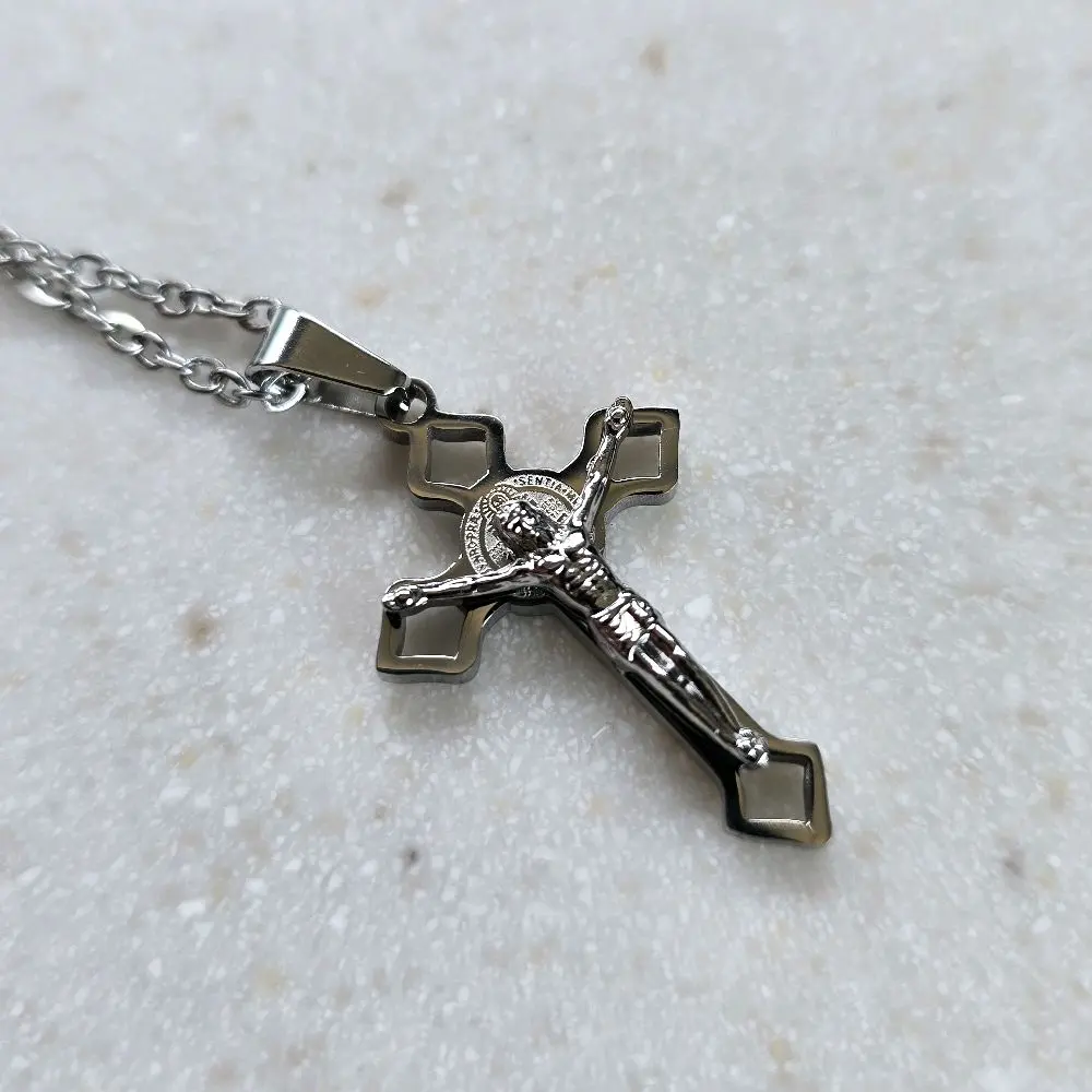 304 Stainless Steel Budded Crucifix w/ stainless steel chain, non-tarnish, water resistant