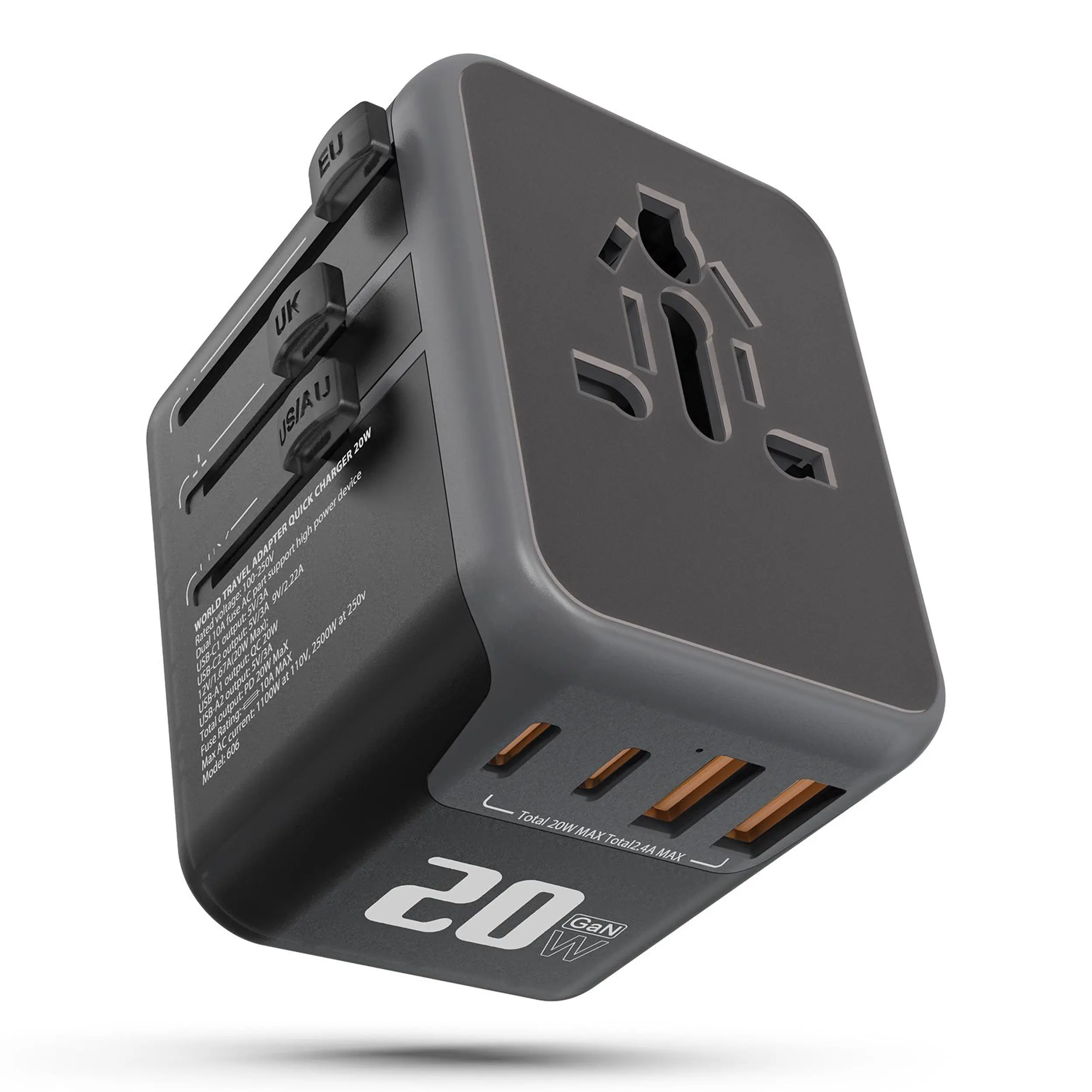 Universal Travel Adapter, Lightweight International Power Adapter - 20W with PD & QC,2 USB C 2 USB A Multi-Port Plug Adapter for Smartphone,Cellphone Black Mobile Electronic Charger, Power Charging