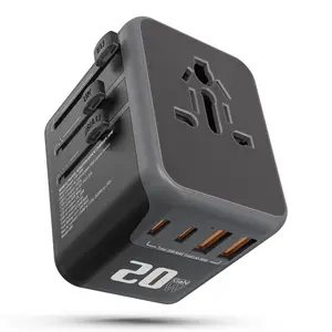 Universal Travel Adapter, Lightweight International Power Adapter - 20W with PD & QC,2 USB C 2 USB A Multi-Port Plug Adapter for Smartphone,Cellphone Black Mobile Electronic Charger, Power Charging