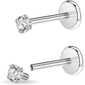 16g/18g Surgical Steel Internal Thread CZ Stud Piercing Jewelry for Tragus/Nose/Helix/Conch/Medusa/Lip/Labret Hypoallergenic Cartilage Earrings with Zirconia Inlays 2PCS