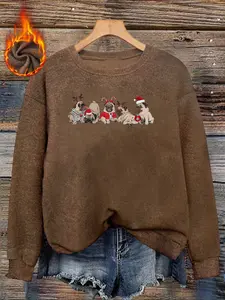 Women's Christmas Pug Dog Pattern Sweater, Long Sleeve Round Neck Pullover, Soft Elastic Fabric, Casual Fall & Winter Top