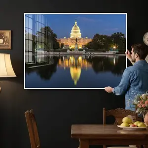 [Sale off up to 50%] [Free ship] [No Frame] Washington DC Wall Art Canvas Print Capitol Night Reflection Triptych Cityscape Decor