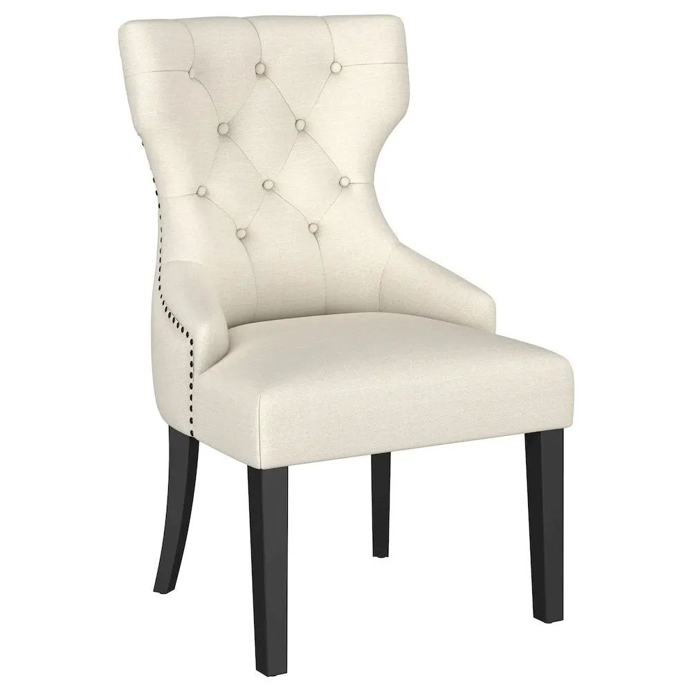 Baney Fabric Upholstered Modern Wingback Dining Chair, Beige and Black, Button Tufted, Foam Cushion, Nailhead Trim (Set of 1), Dining Chairs, Indoor Furniture Use