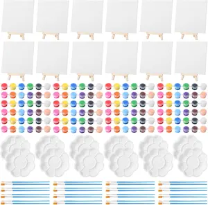 12 Set   Kit Mini Stretched Canvas with Easel,  Paints Strips, Brushes, Palette, Art Set for  Adults Classroom Birthday Party Favors(5.9 x 5.9 Inch)