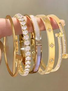 Stainless Steel Diamond Bracelets Set, Bangle Bracelet Set, Elegant Fashionable Design, Perfect Gift & Daily Wear Jewelry Accessory, Stackable Bracelets