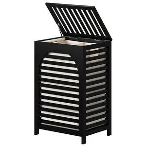Black Laundry Hamper with Lid 22.5 Gallon (85L), Bamboo Wood