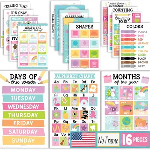 16 Educational Posters for Toddlers 1-3 Years, Alphabet Learning Charts for Kids 3-5, Home Schooling Decor, Daycare Classroom Essentials, Learning Materials, Classroom Decoration, Visual Learning Tools