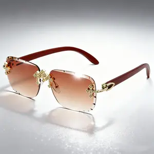Rimless Rectangle Sunglasses for Men & Women - Luxury Rhinestone Decor, Fashion Frameless UV Protection Shades for Street Style