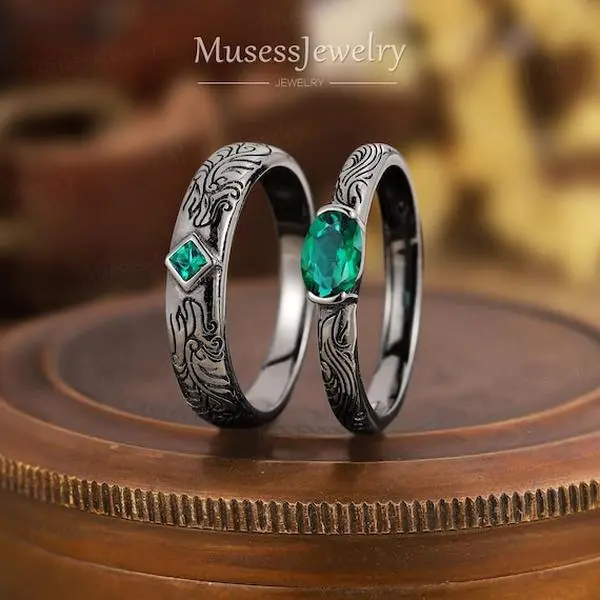 Emerald His-and-Hers Wedding Ring Set, Gothic Engraved Design