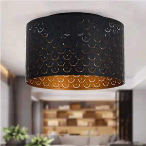 PAKOKULA 3-Light Matte Black with Brass Inside Finish Industrial Drum Flush Mount Ceiling Light Fixture