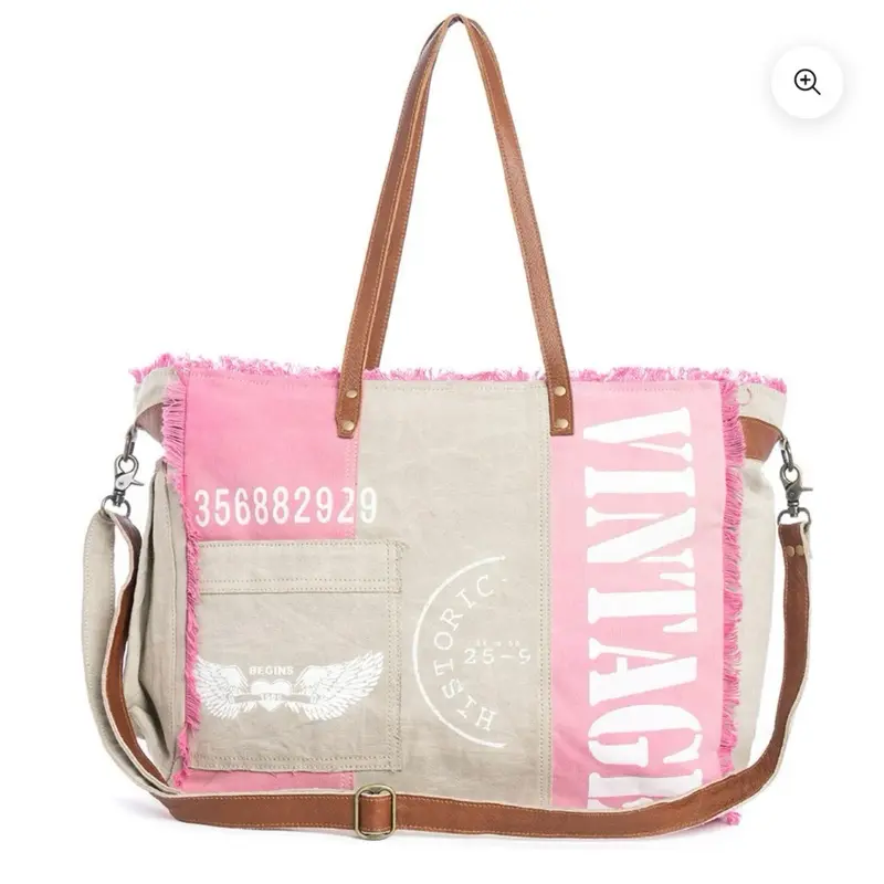 Myra Bag Women's Queen Creek Vintage Canvas Weekender Bag - Pink & Beige, Fringe Detail, Vintage Logo - for Travel & Everyday Use, Multi Functional Bag, Portable Travel Bag