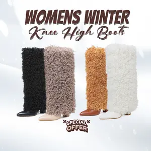 CELNEPHO Womens Furry Fashion Knee High Boots Pointed Toe Chunky Block Heel Warm Cozy Comfort Winter Boots Easy Pull On for Party Outdoor Events Plush Boots