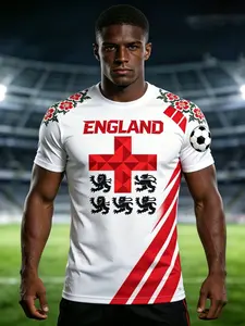 2026 New Summer England Flag Three Lions Football Theme Print Breathable Mesh Short Sleeve Jersey, Casual Fitted Long Shirt