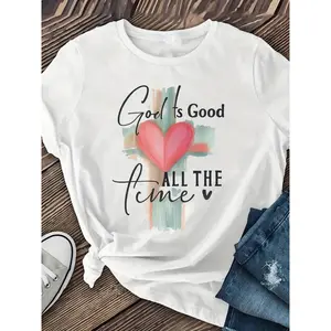 Women's Short-Sleeve Round Neck Loose-Fit Cotton T-Shirt - Message Print, Casual Streetwear, Hangable Fold Top, Valentine's Day Gift, Tshirt, Holiday-Themed, Non-Synthetic, Stylish, Holiday-Themed Women's T-Shirts