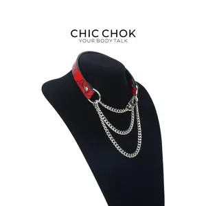 CHICCHOK [Breathless] Handcrafted Genuine Leather Collar Necklace – Adjustable Size, Black and Red Pattern Design, Titanium Steel Chain Decoration