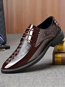 Men's Glossy Business Formal Leather Shoes, Pointed Toe Lace-Up Textured Work Office Commute Wear-Resistant Breathable Wedding Shoes
