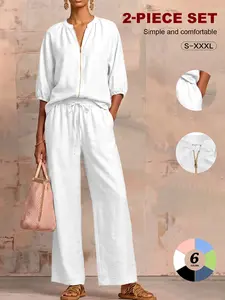 Women's Matching Lounge Set Quarter Zip Pullover Top Loose Wide Leg Pants 2 Piece Sweatsuit Casual Outfit