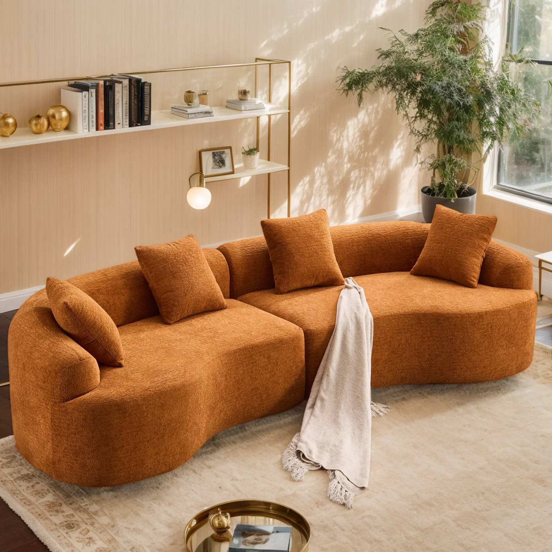 Eyisean 110" Modern Curved Backless Sectional Sofa - 25" Deep Seat, Velvety Chenille Fabric, Polyurethane Foam, Fluff-Ready Backs, Included Pillows, No Assembly, Children-Friendly Living Room Furniture for Gatherings, Apartments