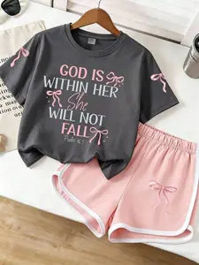 Tween Girls' 2-Piece Cute Kids Clothing Girls Set - "God is within her; she will not fall" Slogan Print T-Shirt & Shorts for Everyday Wear, Cute Sets